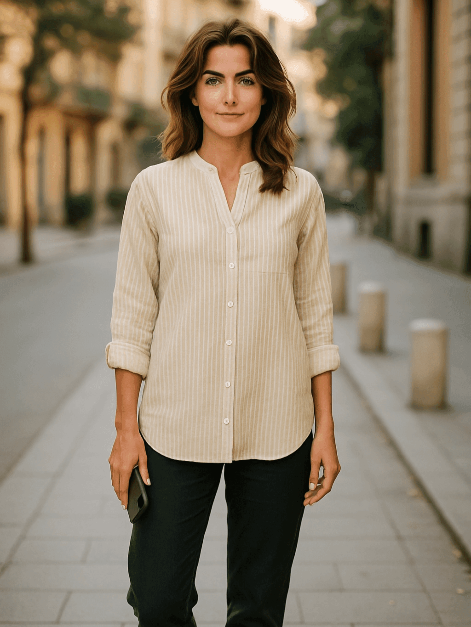 Beige and White Striped Linen Shirt